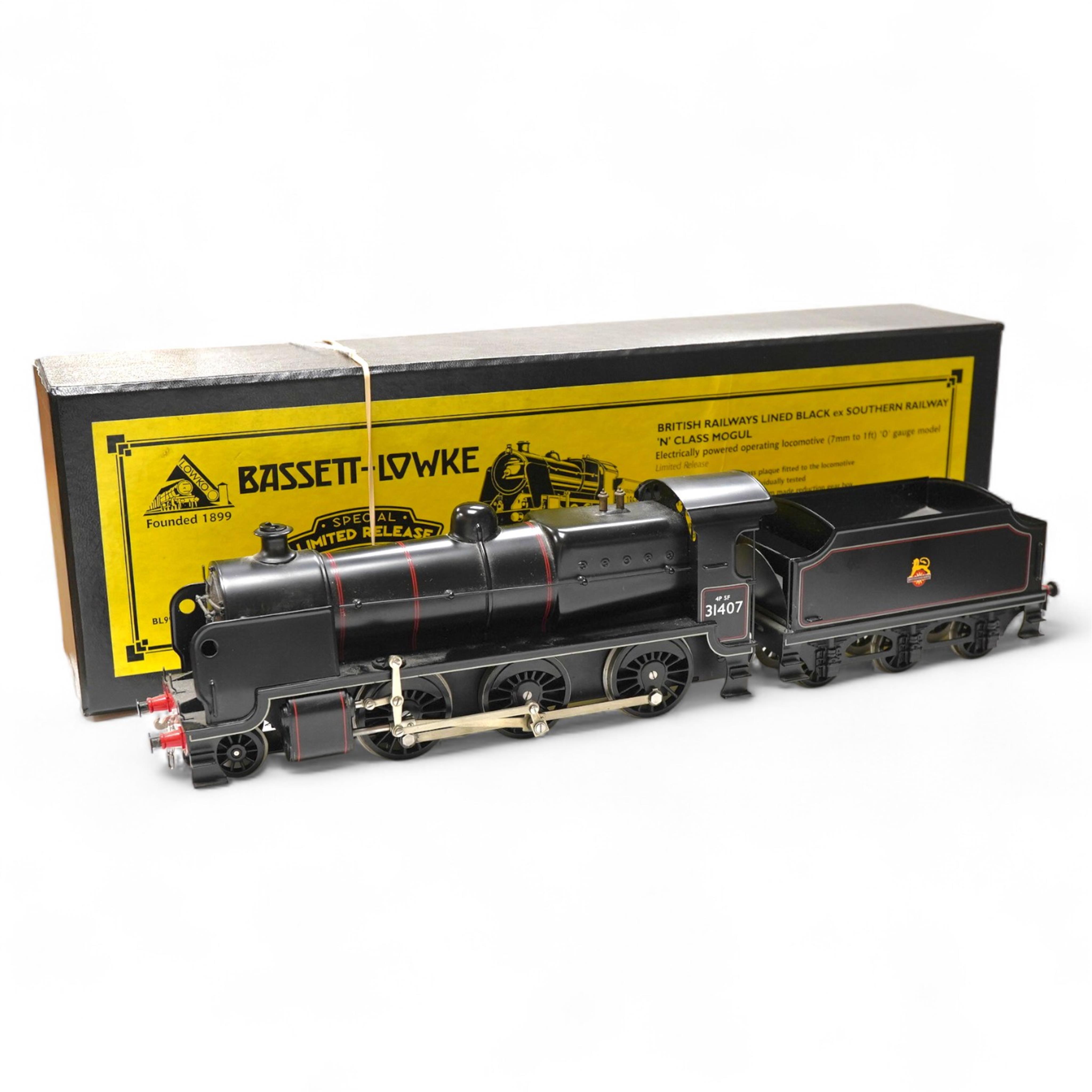 A boxed Bassett-Lowke by Corgi 0 gauge tinplate BR N class 2-6-0 tender locomotive, 31407, intended for two or three rail running (the pick ups for the centre rail and switch in the cab have been removed), (BL99004)